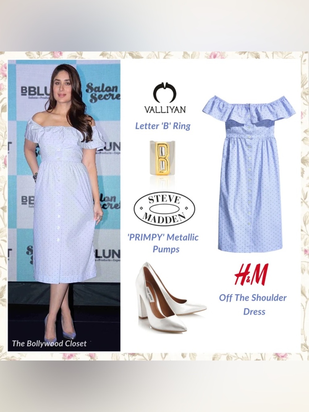 🩵 H&M Off Shoulder Midi Dress ✨ Blue Polka Dot Ruffle Button Front – Size 8 - Picture 5 of 7